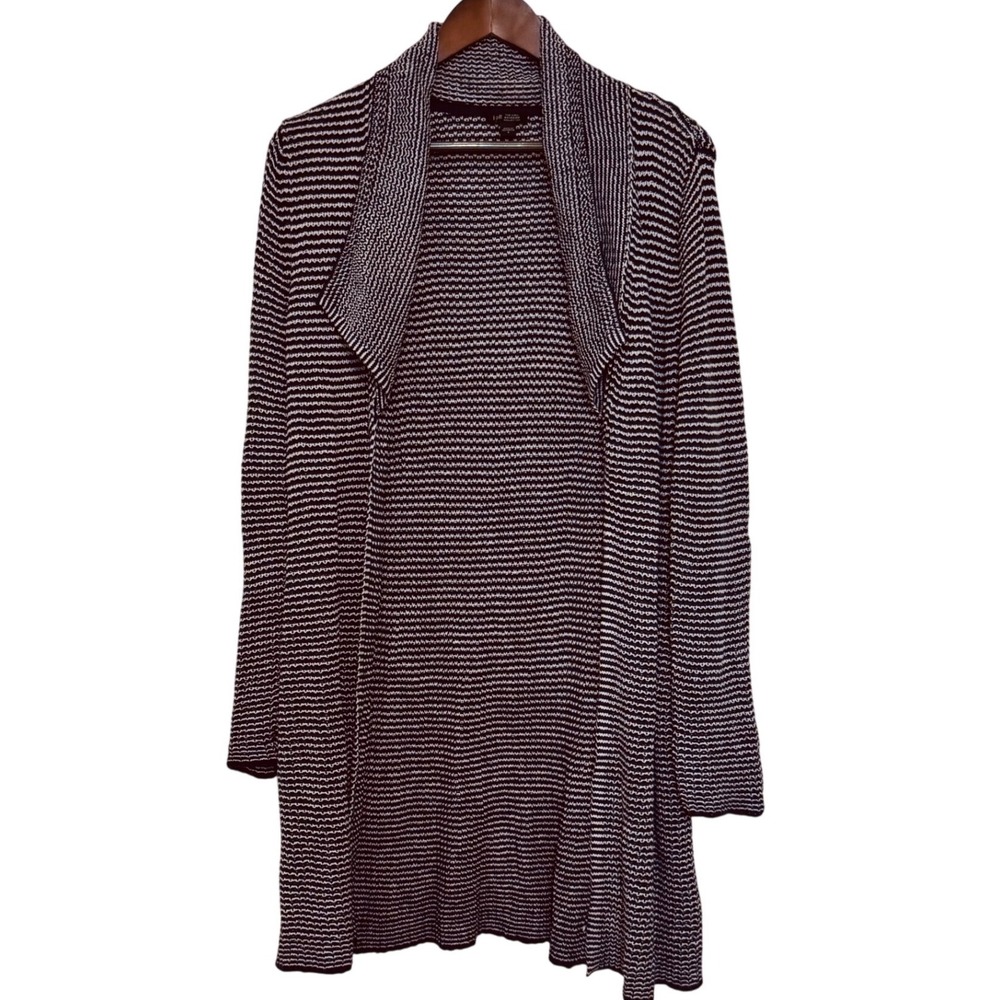 J.Jill Wearever Striped Open Front Cardigan Navy White Shawl Collar Longline S